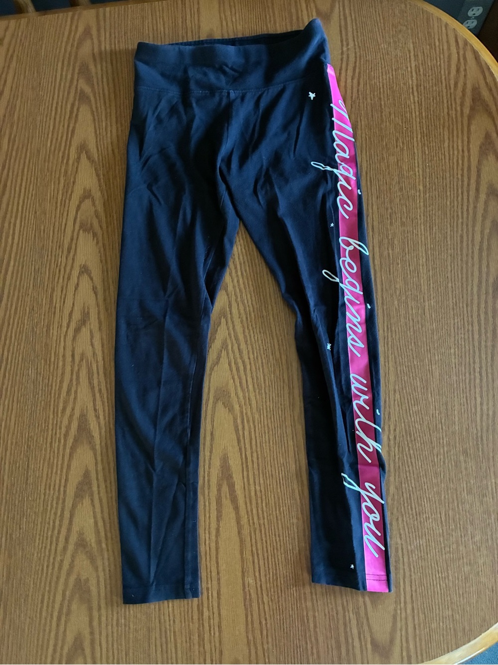 Justice Black Leggings with Pink Side Panel and White Script